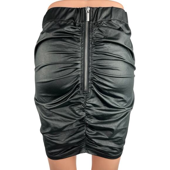 Maniere De Voir Black Faux Leather Ruched Drawstring Mini Pencil Skirt Size 8 - Picture 3 of 5